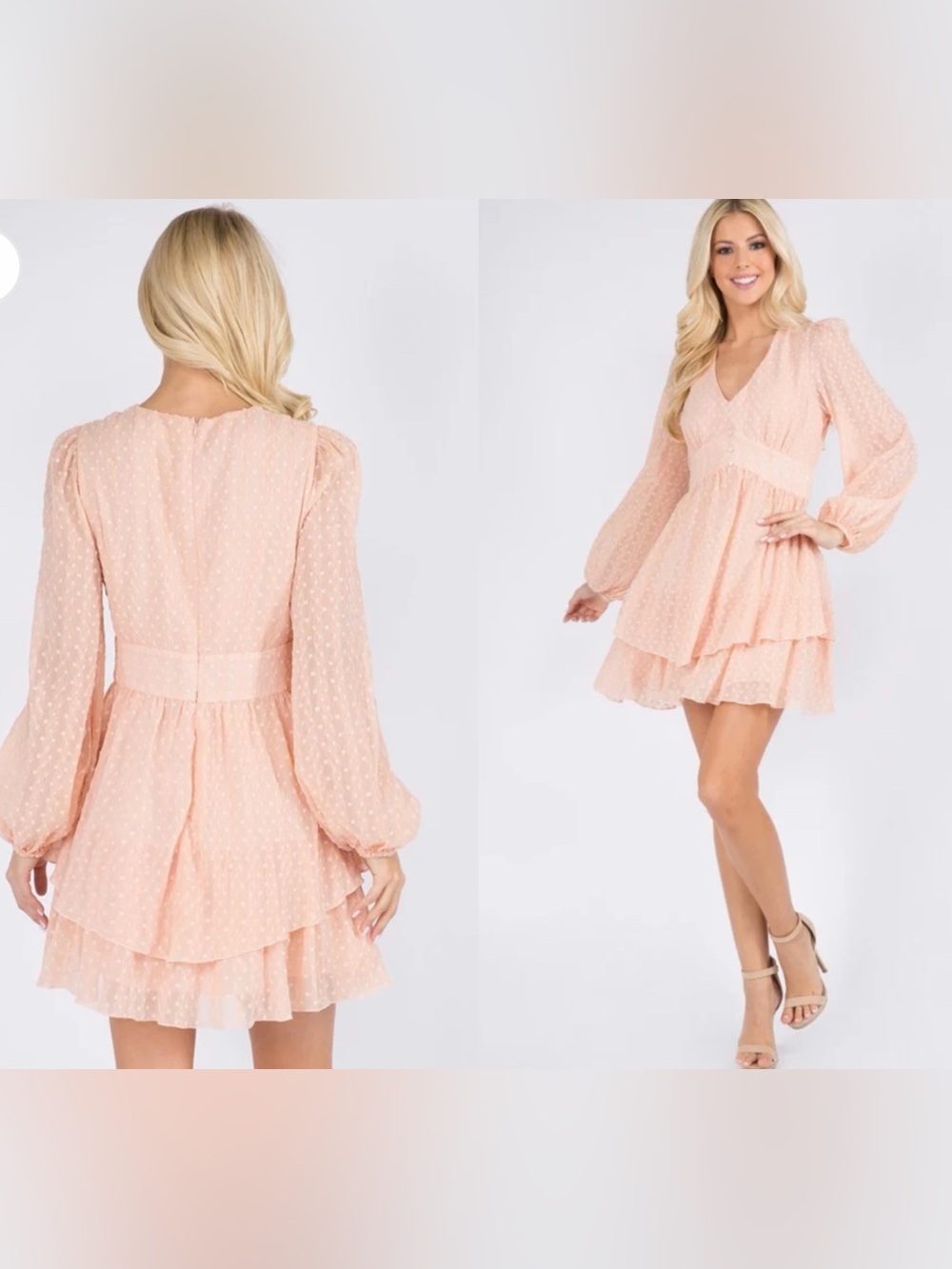V-Neck Long Sleeve Tiered Mini Dress in Coral   size M - Picture 7 of 17